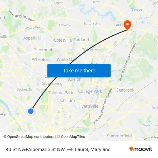 40 St Nw+Albemarle St NW to Laurel, Maryland map