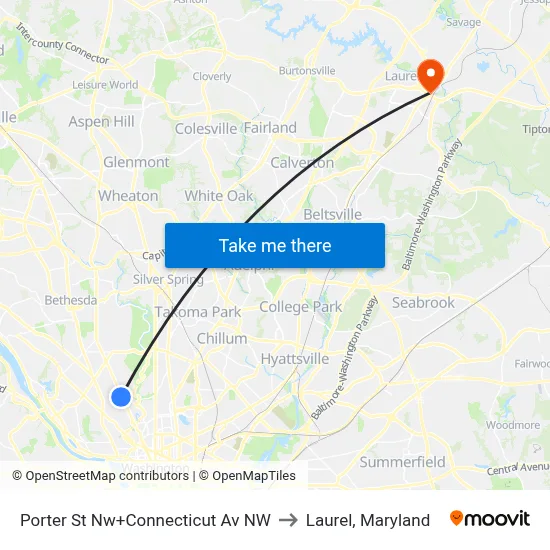 Porter St Nw+Connecticut Av NW to Laurel, Maryland map