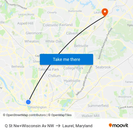 Q St Nw+Wisconsin Av NW to Laurel, Maryland map
