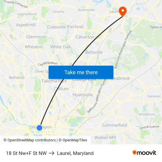 18 St Nw+F St NW to Laurel, Maryland map
