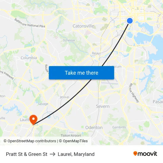 Pratt St & Green St to Laurel, Maryland map