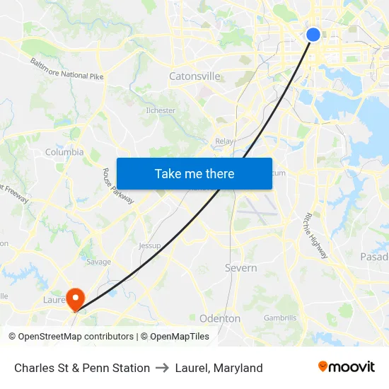 Charles St & Penn Station to Laurel, Maryland map