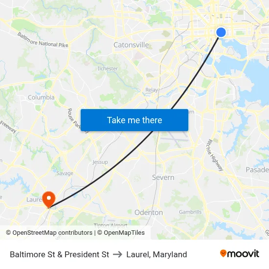 Baltimore St & President St to Laurel, Maryland map