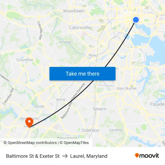 Baltimore St & Exeter St to Laurel, Maryland map
