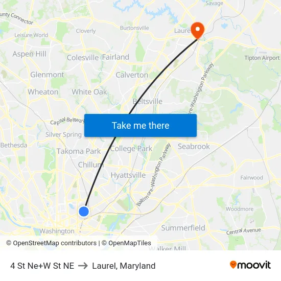 4 St Ne+W St NE to Laurel, Maryland map