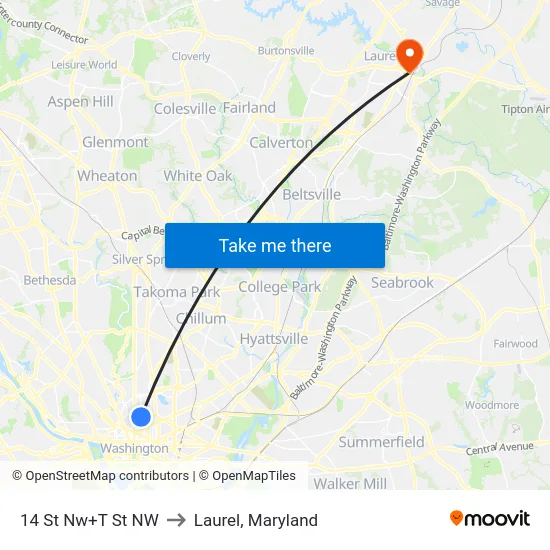 14 St Nw+T St NW to Laurel, Maryland map