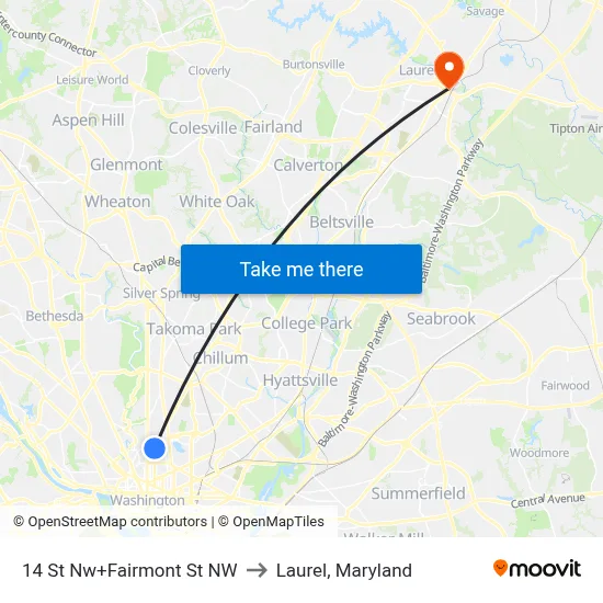 14 St Nw+Fairmont St NW to Laurel, Maryland map