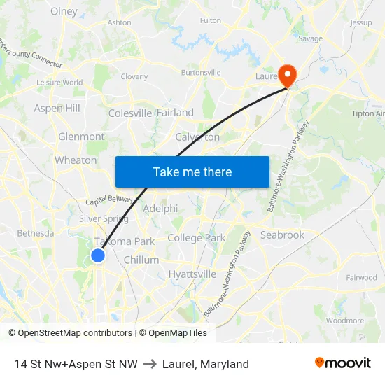 14 St Nw+Aspen St NW to Laurel, Maryland map