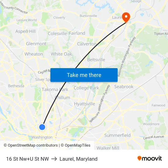 16 St Nw+U St NW to Laurel, Maryland map