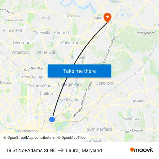 18 St Ne+Adams St NE to Laurel, Maryland map
