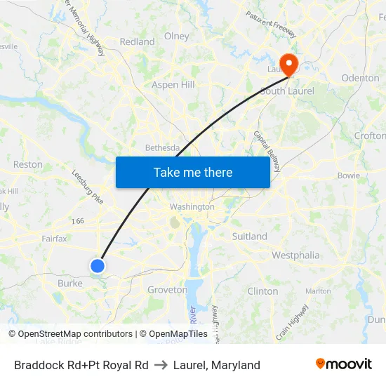 Braddock Rd+Pt Royal Rd to Laurel, Maryland map