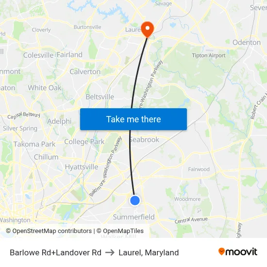 Barlowe Rd+Landover Rd to Laurel, Maryland map