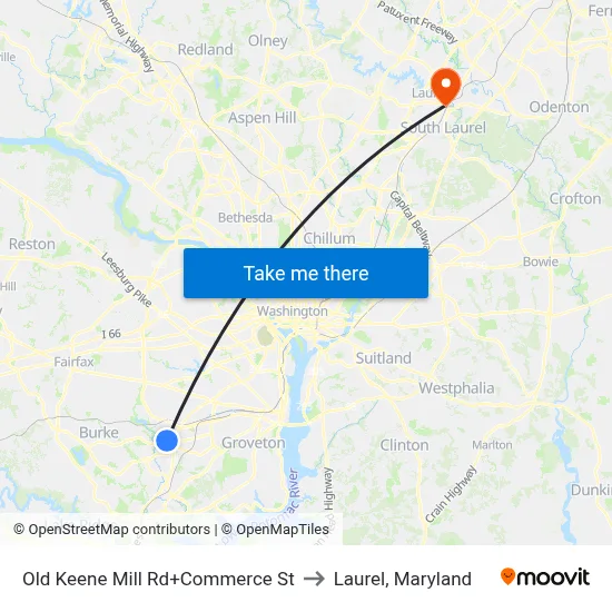 Old Keene Mill Rd+Commerce St to Laurel, Maryland map