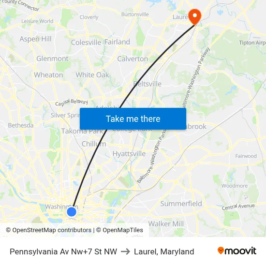 Pennsylvania Av Nw+7 St NW to Laurel, Maryland map