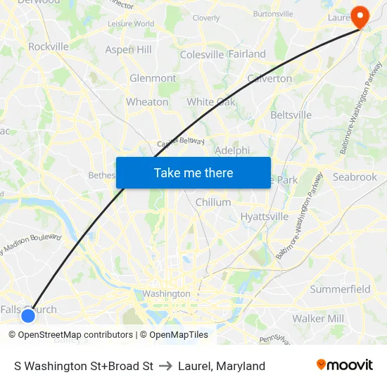 S Washington St+Broad St to Laurel, Maryland map