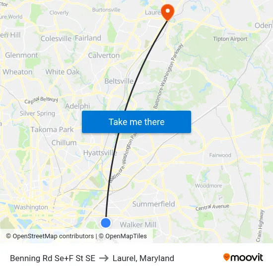Benning Rd Se+F St SE to Laurel, Maryland map