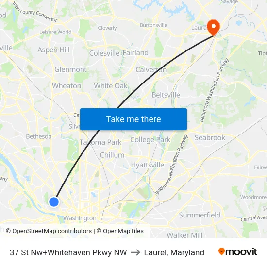 37 St Nw+Whitehaven Pkwy NW to Laurel, Maryland map