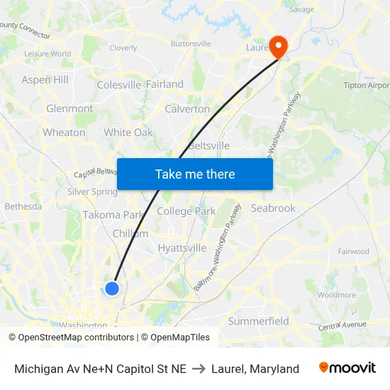 Michigan Av Ne+N Capitol St NE to Laurel, Maryland map