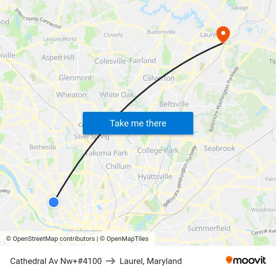 Cathedral Av Nw+#4100 to Laurel, Maryland map