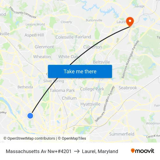 Massachusetts Av Nw+#4201 to Laurel, Maryland map