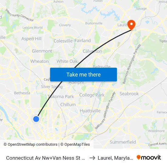 Connecticut Av Nw+Van Ness St NW to Laurel, Maryland map