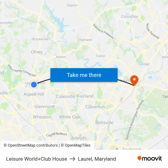 Leisure World+Club House to Laurel, Maryland map
