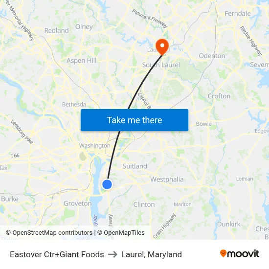 Eastover Ctr+Giant Foods to Laurel, Maryland map