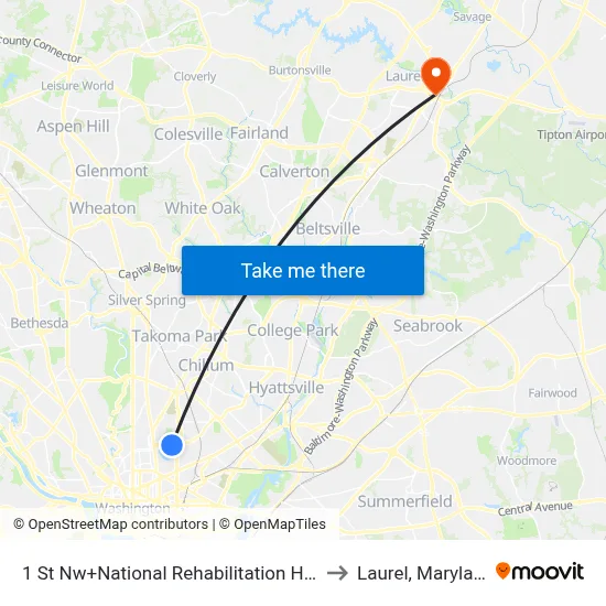 1 St Nw+National Rehabilitation Hosp to Laurel, Maryland map