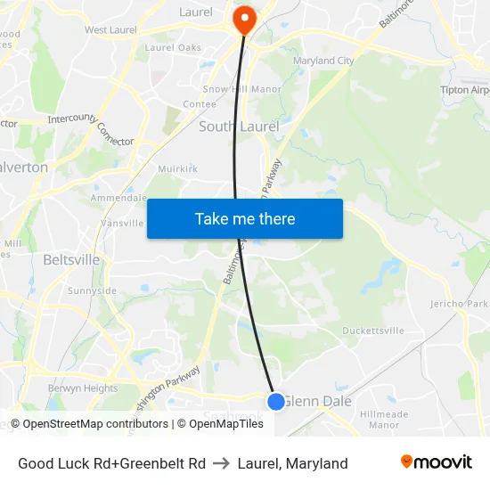 Good Luck Rd+Greenbelt Rd to Laurel, Maryland map