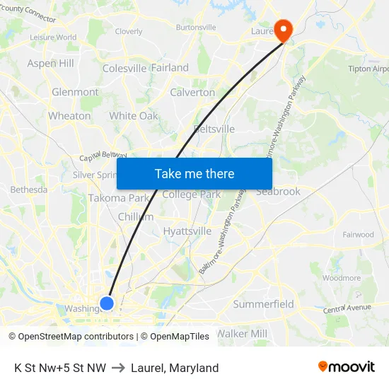 K St Nw+5 St NW to Laurel, Maryland map