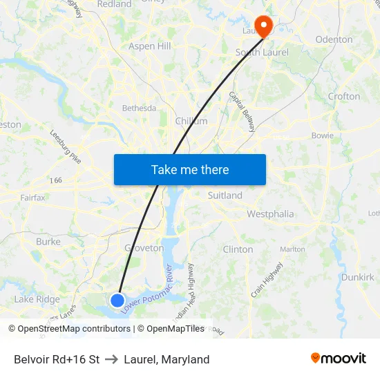 Belvoir Rd+16 St to Laurel, Maryland map