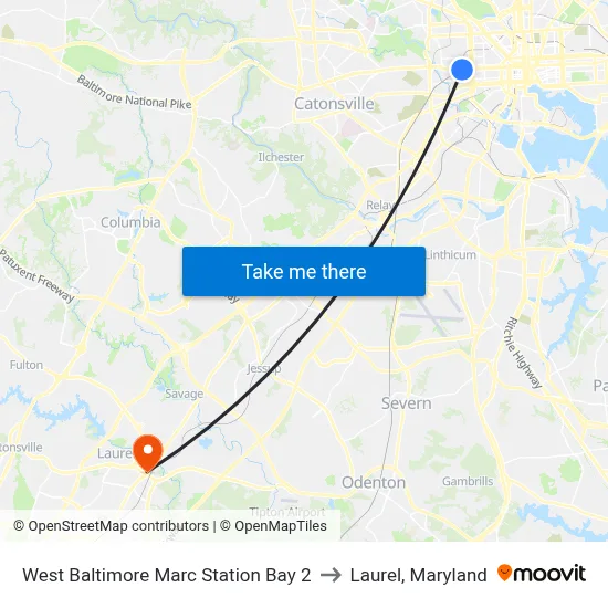 West Baltimore Marc Station Bay 2 to Laurel, Maryland map