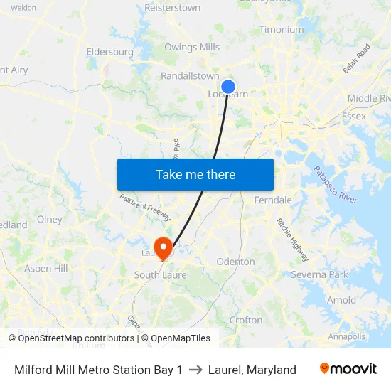 Milford Mill Metro Station Bay 1 to Laurel, Maryland map