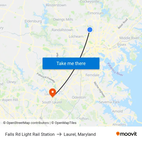 Falls Rd Light Rail Station to Laurel, Maryland map