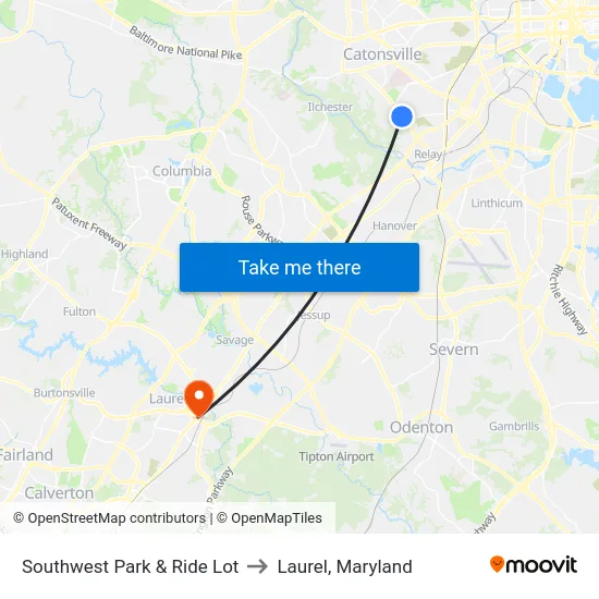 Southwest Park & Ride Lot to Laurel, Maryland map
