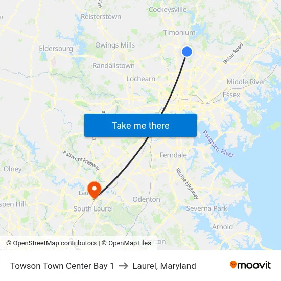 Towson Town Center Bay 1 to Laurel, Maryland map
