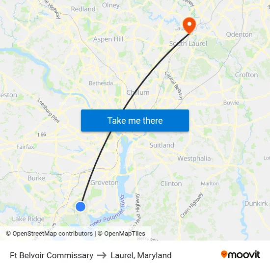 Ft Belvoir Commissary to Laurel, Maryland map