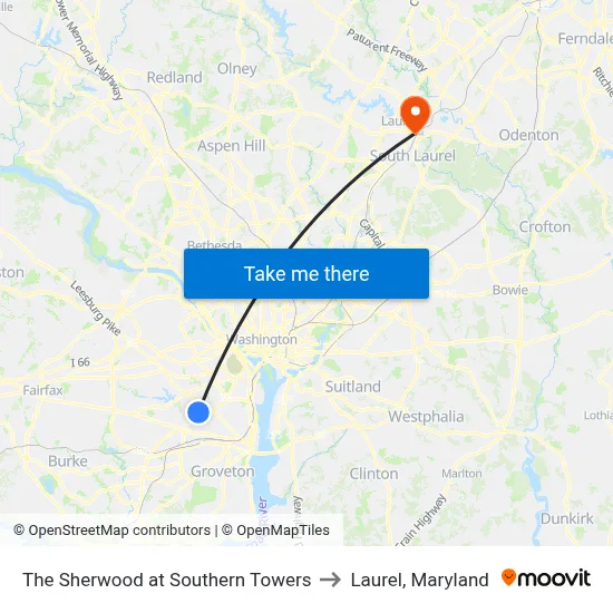 The Sherwood at Southern Towers to Laurel, Maryland map