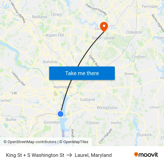 King St + S Washington St to Laurel, Maryland map