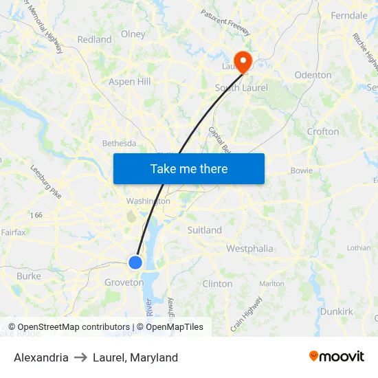 Alexandria to Laurel, Maryland map
