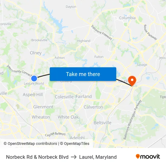 Norbeck Rd & Norbeck Blvd to Laurel, Maryland map