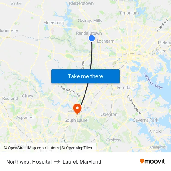 Northwest Hospital to Laurel, Maryland map