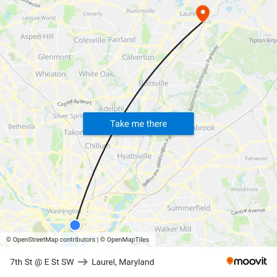 7th St @ E St SW to Laurel, Maryland map