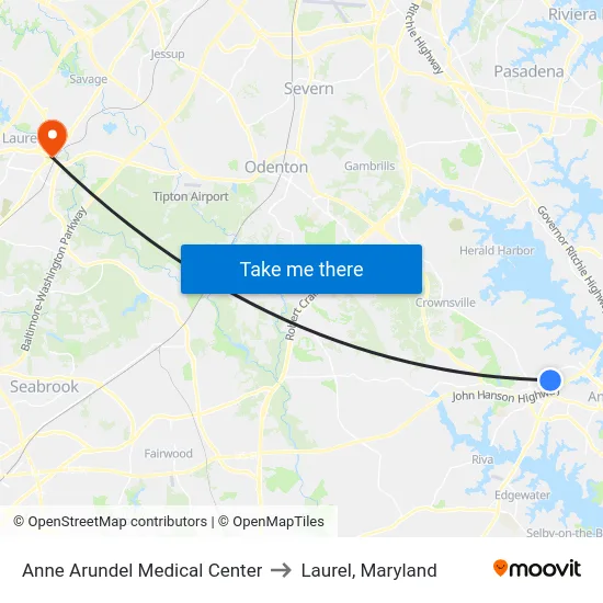 Anne Arundel Medical Center to Laurel, Maryland map
