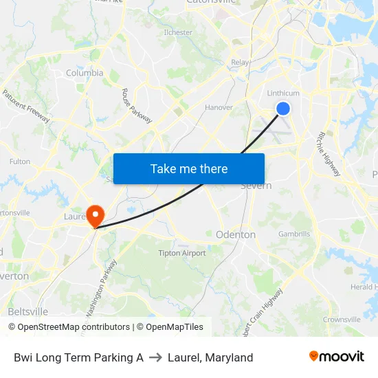 Bwi Long Term Parking A to Laurel, Maryland map