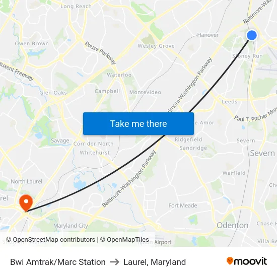 Bwi Amtrak/Marc Station to Laurel, Maryland map