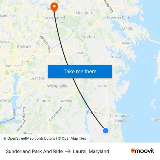 Sunderland Park And Ride to Laurel, Maryland map