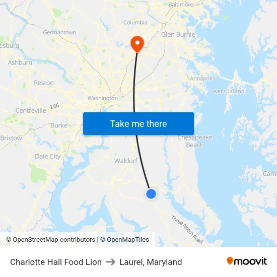 Charlotte Hall Food Lion to Laurel, Maryland map