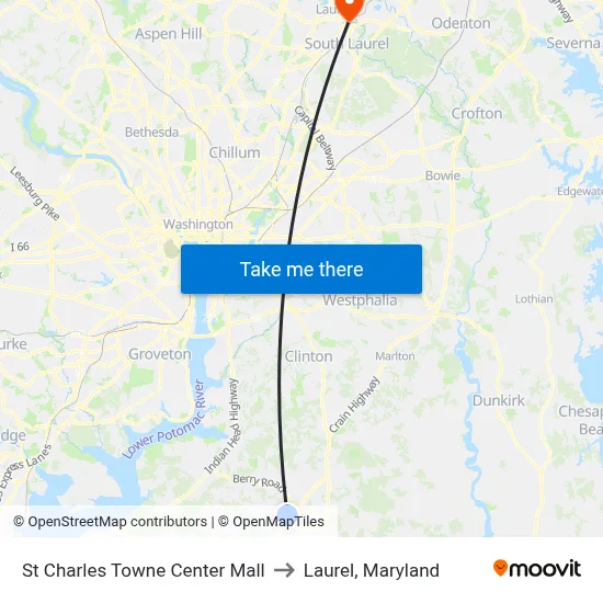 St Charles Towne Center Mall to Laurel, Maryland map