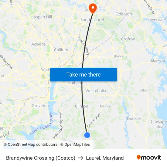 Brandywine Crossing (Costco) to Laurel, Maryland map